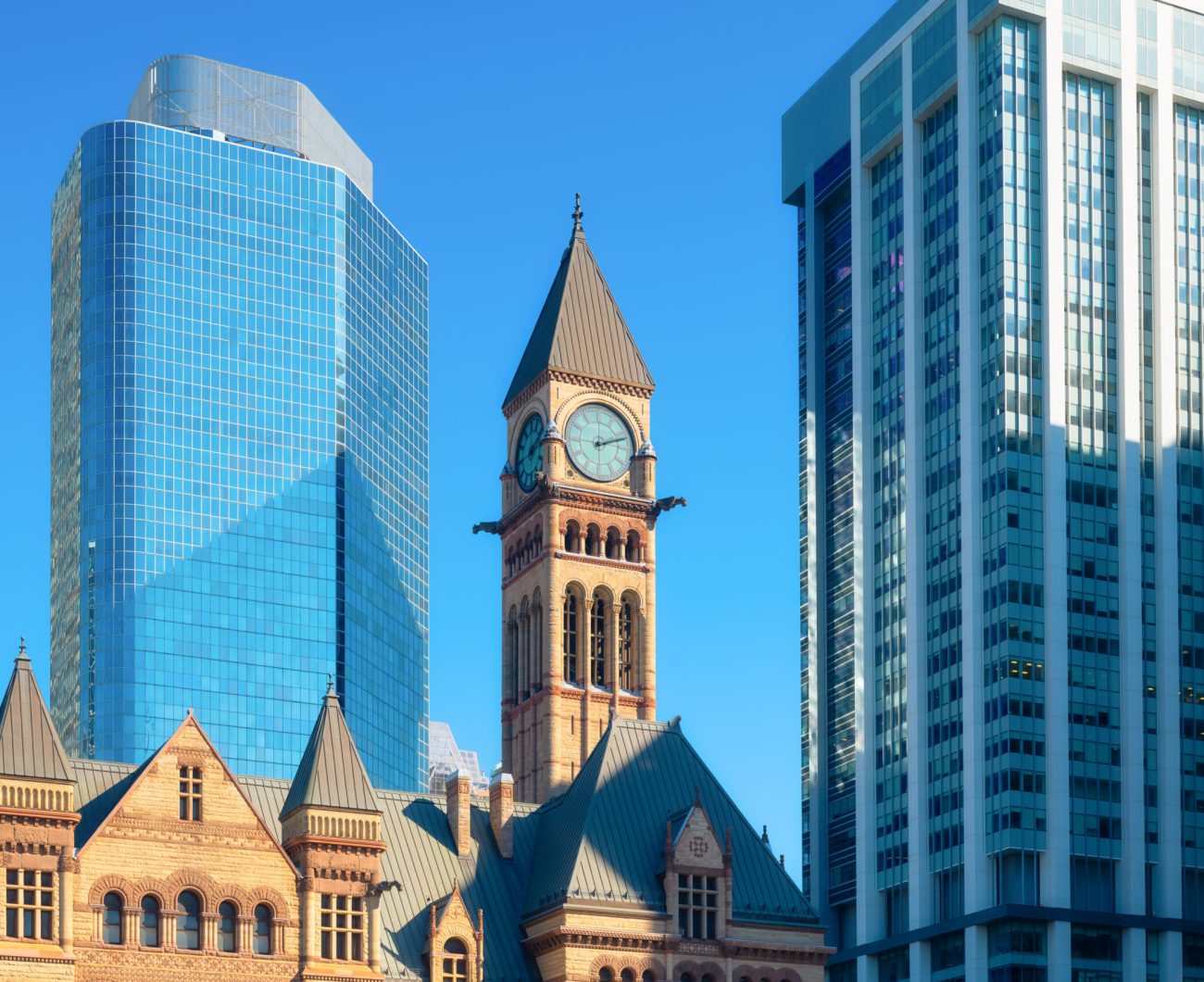 Canada, Toronto. City Hall Square and the skyscrapers in the background. View of the city in the day. Modern and ancient architecture.