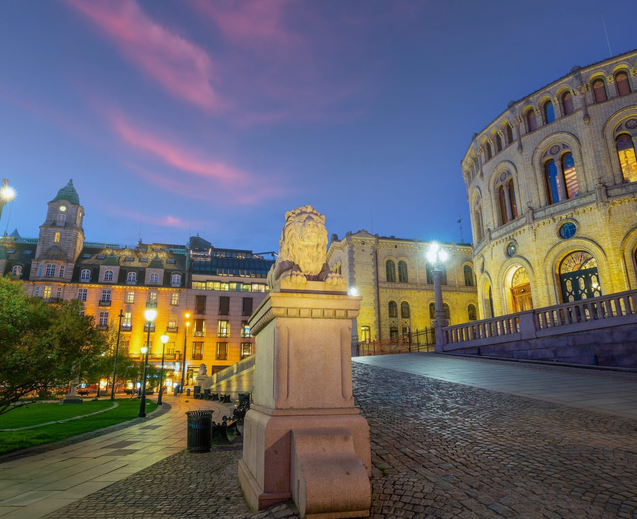 Oslo downtown city skyline cityscape in Norway at sunset